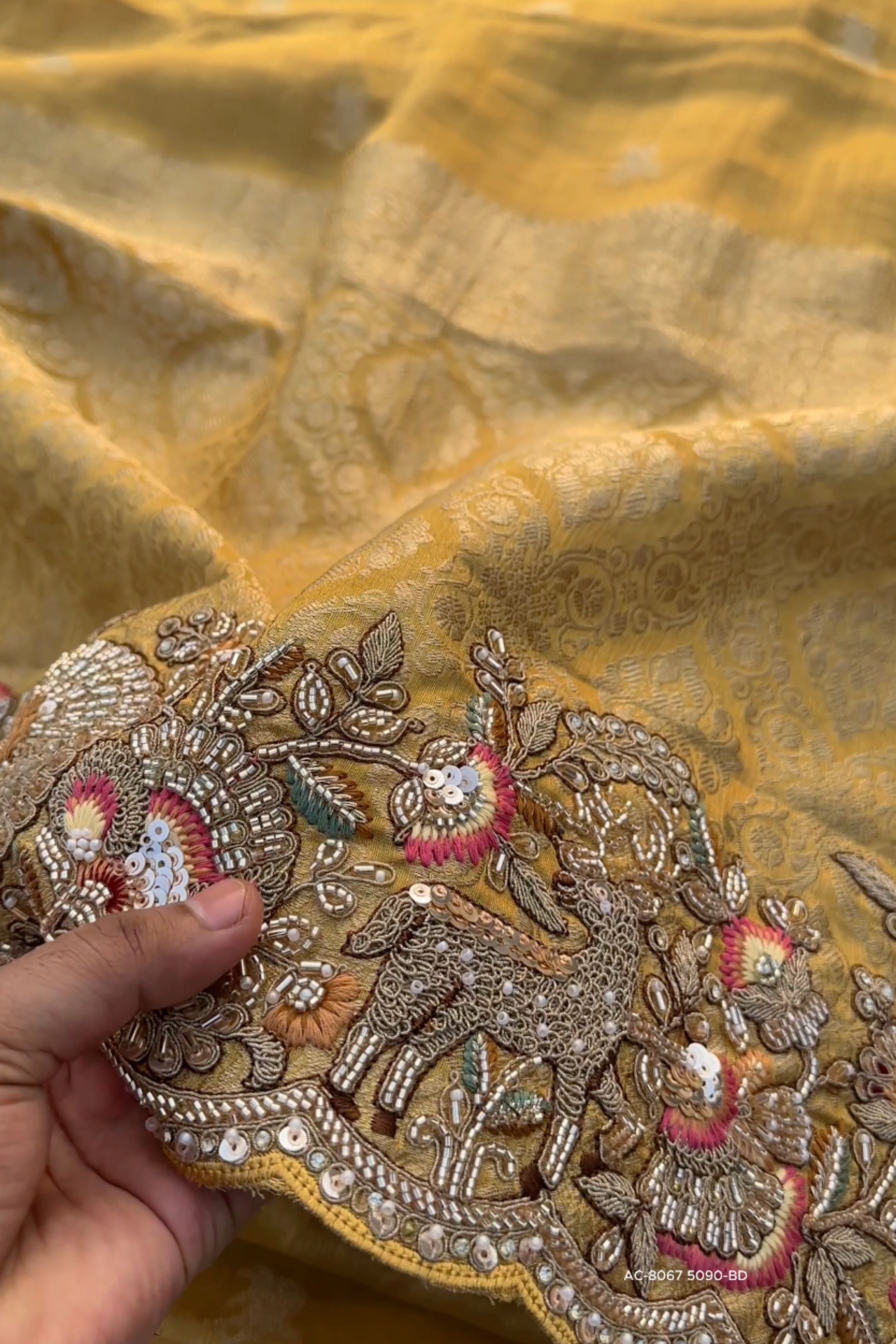 Beige Tissue Unstitched Saree Embellished With Sequins, Thread, Zari, Moti & Cutdana Work